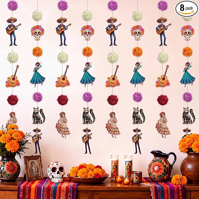 Gueevin 8 Pcs Dia de Los Muertos Garland Party Decor Day of The Dead Banner - skull sticker