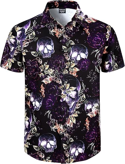 Men's Halloween Button Down Collared Short Sleeve Shirt - skull tshirt