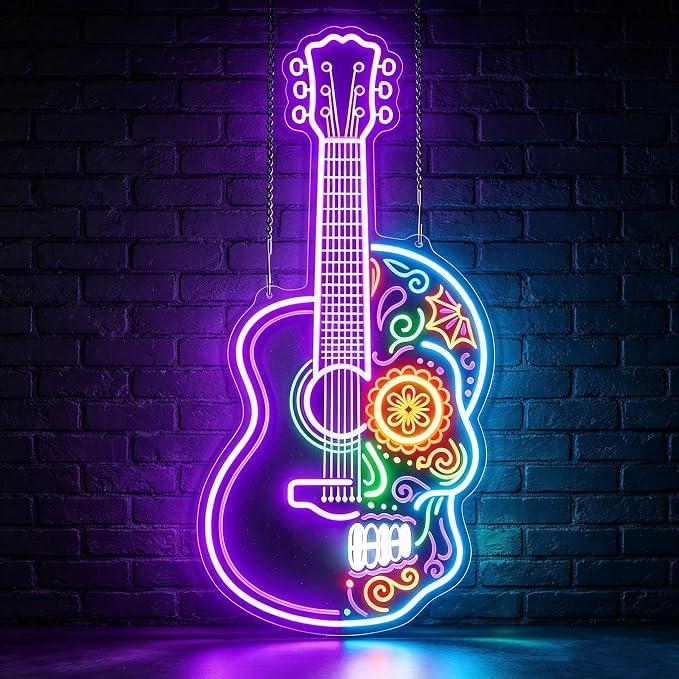 Sugar Skull Guitar Neon Sign, Day of the Dead Inspired LED Neon Light, USB Powered Dimmable Music Wall Decor for Home Bar, Music Room, Bedroom, Halloween Party, Gifts for Guitar Players - skull plate