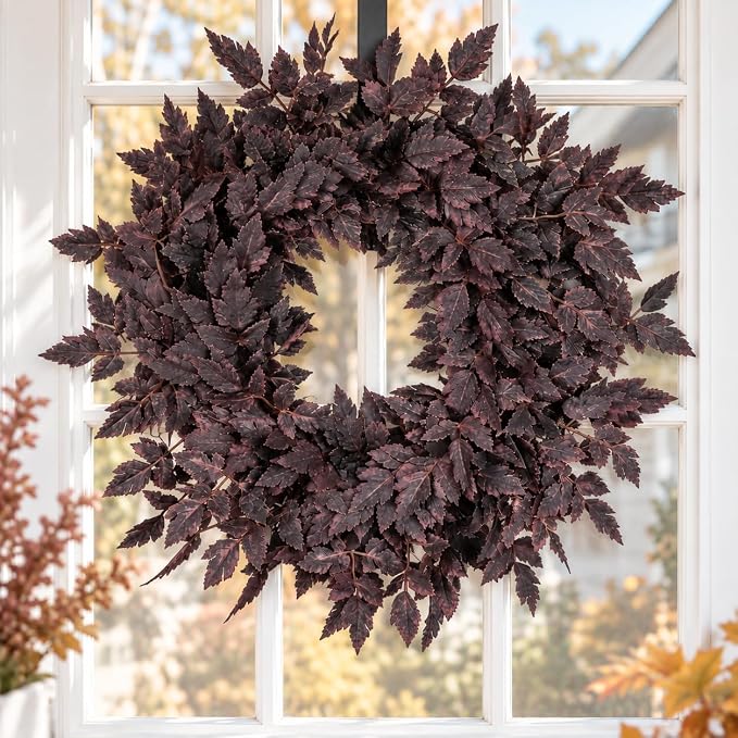 Fall Decor for Front Door-Plum Leaves Wreath, Both Halloween and Fall