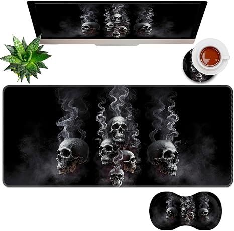 3Pcs Mouse Pad Set, Large Desk Mat with Mouse Wrist Support and Coaster, Memory Foam Ergonomic Non-Slip Gaming Mousepad Desk Accessories for Home Office,Unique Skull - skull coaster