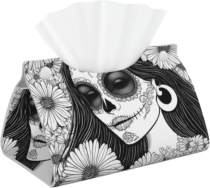 Floral Sugar Skull Portrait Print Tissue Box Cover,Rectangular Pu Leather Tissue Holder for Bathroom Living Room Office - skull toilet paper