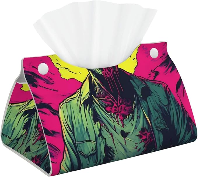 Neon Zombie Skull Print Tissue Box Cover,Rectangular Pu Leather Tissue Holder for Bathroom Living Room Office - skull toilet paper