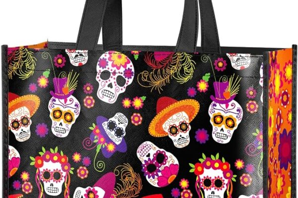 WRAPAHOLIC Large Reusable Skull Gift Bag with Handles – 10 x 5 x 13 Inch – Colorful Skull Floral Gift Bag for Day of the Dead, Party, Holiday