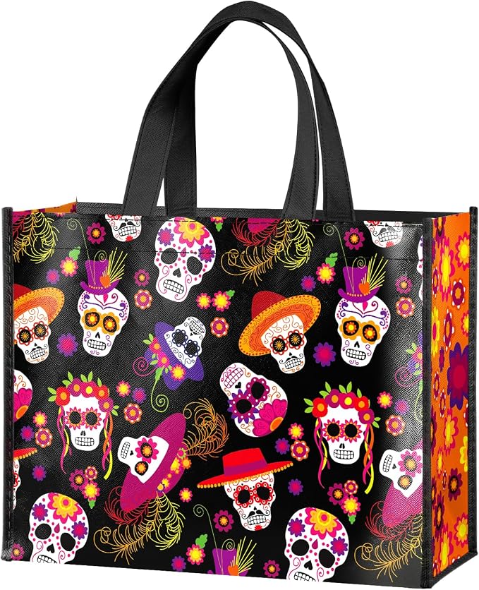 WRAPAHOLIC Large Reusable Skull Gift Bag with Handles - 10 x 5 x 13 Inch - Colorful Skull Floral Gift Bag for Day of the Dead, Party, Holiday - sugar skull handbags for sale