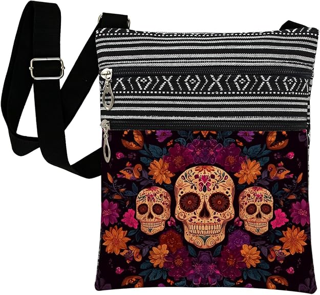 Mexican Sugar Skull Print Crossbody Bag Adjustable Stripe Zipper Closure Vintage Dia De Los Muertos Sling Bag Floral Day of The Dead Purse Birthday Holiday Present for Her Friend Sister - sugar skull handbags for sale