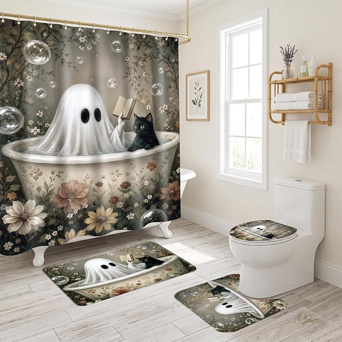 Halloween Shower Curtain Sets, Vintage Ghost Reading Bath Curtain