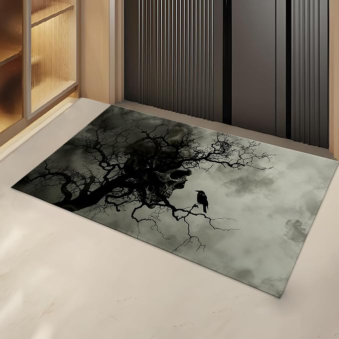 Gothic Raven Skull Tree Indoor Door Mat Gifts, Floor Area Rug for Entryway, Living Room or Bathroom, Non-Slip Spooky Goth Doormat Home Decor Rug 17x29.5 Inch - skull toilet mat