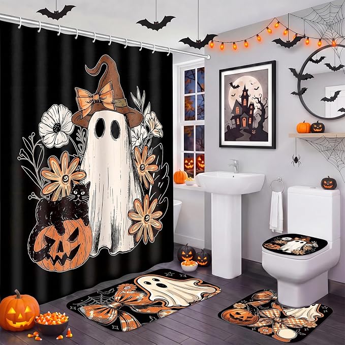 Boao 4 Pcs Halloween Bathroom Shower Curtain Set 71×71 Inch, Ghost Pumpkin
