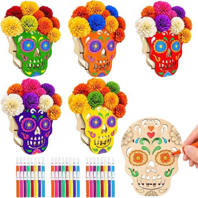 6 Sets Wooden Sugar Skulls to Paint Ofrenda Planter Kit for Day of The Dead - skull painting