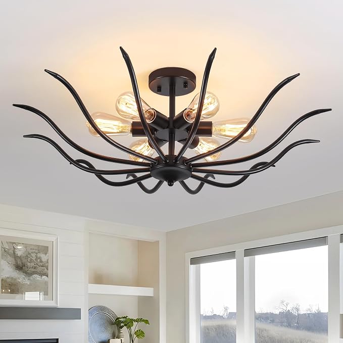 6-Light Modern Farmhouse Spider Semi Flush Mount Ceiling Light,31.5 Inch Black Close to Ceiling Chandelier Fixture for Dining Room Living Room Kitchen Bedroom Foyer Entry & Hallway