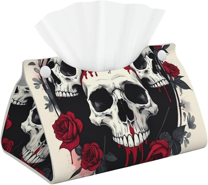 Gothic Skulls and Roses Print Tissue Box Cover,Rectangular Pu Leather Tissue Holder for Bathroom Living Room Office - skull toilet paper