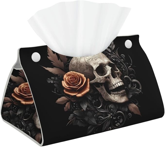 Vintage Pattern Flower Skull Print Tissue Box Cover,Rectangular Pu Leather Tissue Holder for Bathroom Living Room Office - skull toilet paper