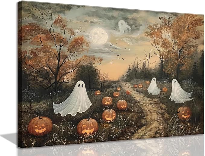 ZKFGPP Halloween Ghost Pumpkinch Landscape Canvas Wall Art 12×16 inch