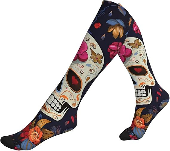 Mexican Halloween Floral Sugar Skull Compression Socks For Women Men 15-20mmhg Graduated Support Circulation Knee High Socks For Nurses Athletic - sugar skull boots
