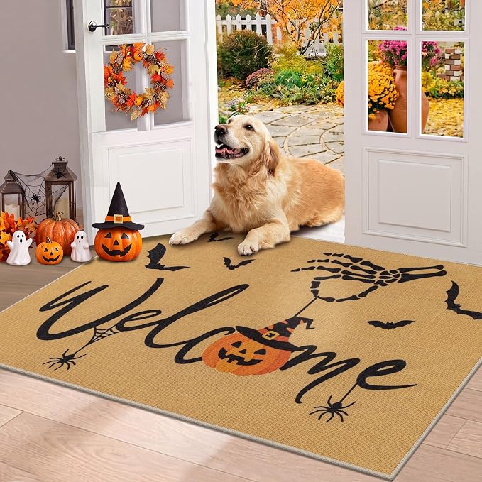 HEBE Halloween Front Door Mat 32″x48″, Non Slip Spider Fall Welcome Doormat