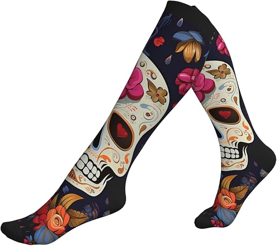 Mexican Halloween Floral Sugar Skull Compression Socks For Women Men 15-20mmhg Graduated Support Circulation Knee High Socks For Nurses Athletic - sugar skull costume