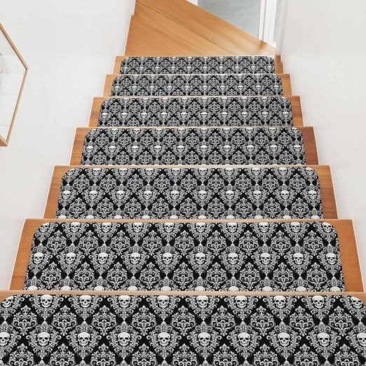 Stair Treads for Wooden Steps Indoor, Black Damask Skull Stair Tread 7 Pack Non Slip Carpet Stair Tread Mat Runner Rugs Luxury Floral Skeleton Staircase Step Treads for Kids Elders Dogs 8"x30" - skull carpet