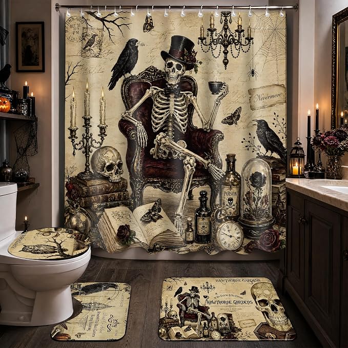 Halloween Shower Curtain Sets, Vintage Gothic Skull Bath Curtain