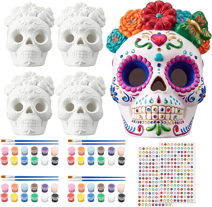 4 Set Halloween Skull Ceramic to Paint, DIY Unpainted Ceramic Sugar Skulls