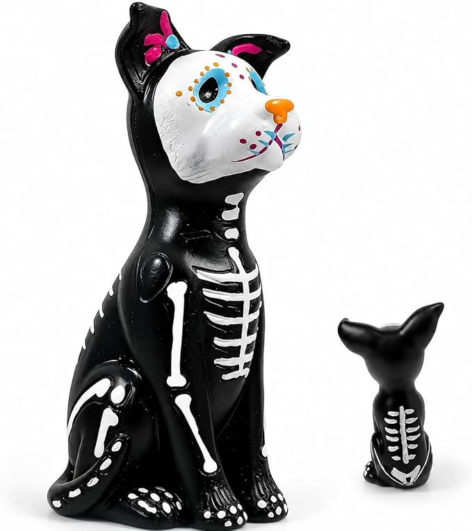 Day of the Dead Dog Figurine, Sugar Skull Dog Statue Resin Halloween Decor - skull figurine