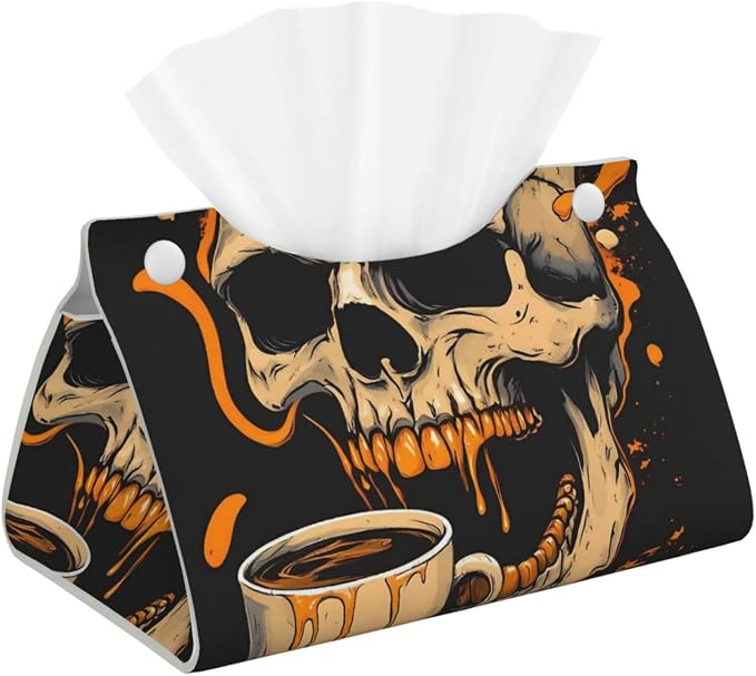 Grim Coffee Skull Print Tissue Box Cover,Rectangular Pu Leather Tissue Holder for Bathroom Living Room Office - skull toilet paper