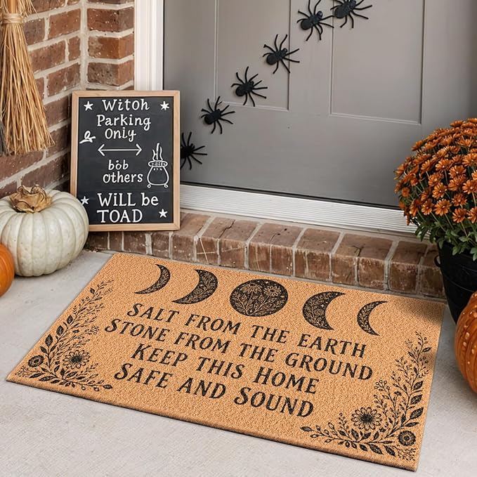 Witchy Halloween Door Mat, Gothic Blessing Rug with Moon for Front Door