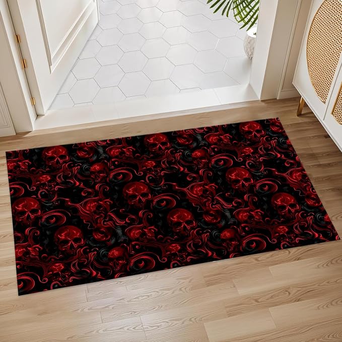 Red Skull Indoor Door Mat, 17x29.5 Inch, Floor Area Rug for Entryway, Living Room, or Bathroom, Non-Slip Doormat, Red and Black Skull Design Home Decor Rug Gifts - skull carpet