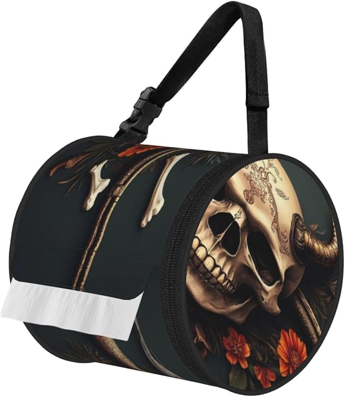 Metal Style Horned Skull Print Hanging Toilet Paper Holder,Reusable Tissue Cover,Portable Paper Roll Holder for Car Home Camping Travel - skull toilet paper