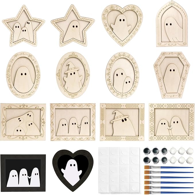 12Pcs Halloween Ghost DIY Wooden Frames Craft Kit with Paint Brushes & Adhesive Stickers, Fall Painting Art Supplies for Kids Adults, Unfinished Wood Craft for Halloween Party Activities Gift - skull painting