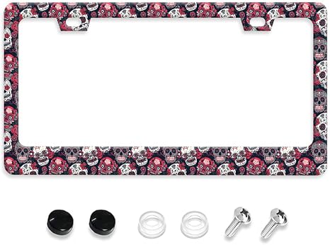 Sugar Skull License Plate Frame Skeleton Flowers License Plate Holders Funny Gothic Aluminum Auto Accessory Bracket 2 Hole with Screws Universal Us Car for Women Men - skull plate