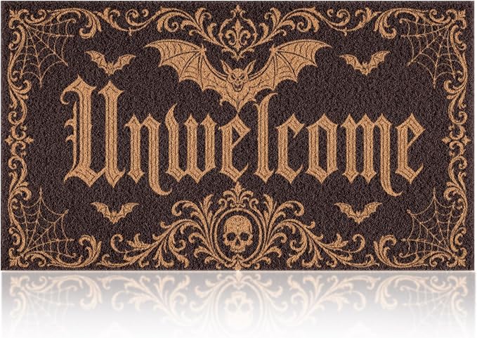 Halloween Front Door Mat Gothic Bat Skull Doormat with Unwelcome Design