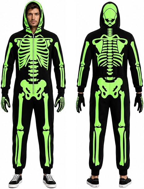 Men's Skeleton Halloween Costume, Glow-in-the-Dark Hooded Jumpsuit - skeleton