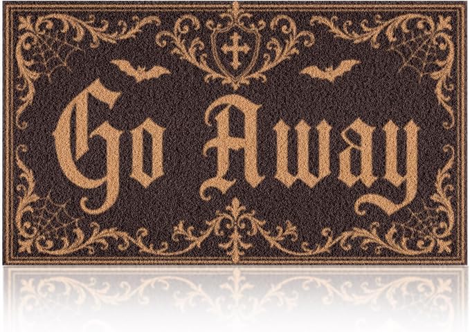 Halloween Door Mat with Go Away Design for Porch Outdoor Gothic Bat Mat
