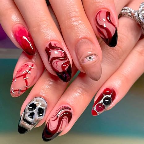 Halloween Press on False Nails Medium Almond Stick on Nails with Sugar Skull Eyeball & Bloody Design Spooky Fake Nail Black Red Halloween Press ons Nail Set Gothic Horror Party for Women 24Pcs - skull plate
