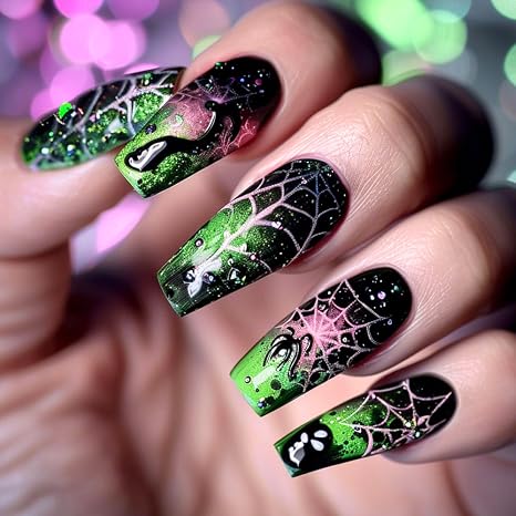 Halloween Press on Nails Coffin Medium Fake Nails Press ons Green & Black Gradient Halloween False Nail Stickers with Spider Web Sugar Skull Designs Stick on Nail Set Glossy for Women 24Pcs - skull sticker