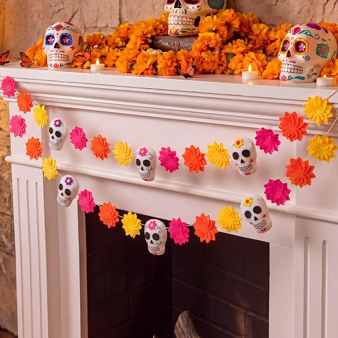 2 Pcs 16.4 ft Day of The Dead Decoration Dia De Los Muertos Felt Garland - skull floor mat