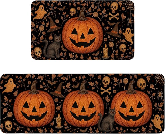 Halloween Kitchen Rugs Set of 2,Funny Pumpkin Face Kitchen Mats for Floor,Halloween Kitchen Decor,Holiday Decorations for Home,17x30 inch Doormat+17x47 inch Runner Rug - skull floor mat
