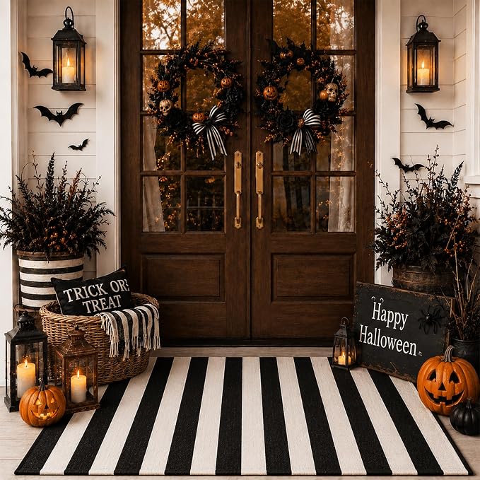 4′ x 6′ Halloween Black White Striped Outdoor Rug for Porch Decor