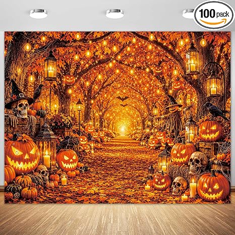 Halloween Backdrop – Pumpkings Lantern Skull Bats Autumn Forest Photography Background for Halloween Party Decorations, Portraits Photo Booth Props- Home Decor Banner -10x8ft