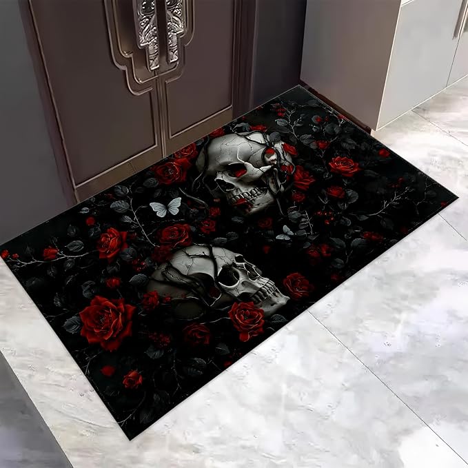 Gothic Skull and Red Rose Doormat Rug for Entryway, 17×29.5 Inch, Dark Floral Skull Indoor Door Mat Gifts, Non-Slip Absorbent Floor Mat for Outdoor Use, Country Decor for Home Living Room