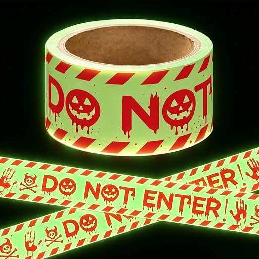 Halloween Glow in The Dark Caution Tape - 2in x 16.4ft Do Not Enter Warning Tape for Haunted House, Party & Outdoor Halloween Decorations - skull sticker