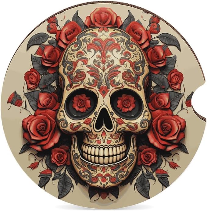 Red Rose Sugar Skull Car Coasters for Cup Holders Universal Car Cup Holder Coaster Cute Car Interior Accessories Wood Cup Holder Coasters for Car Anti Slip Cup Mat with A Finger Notch - skull coaster