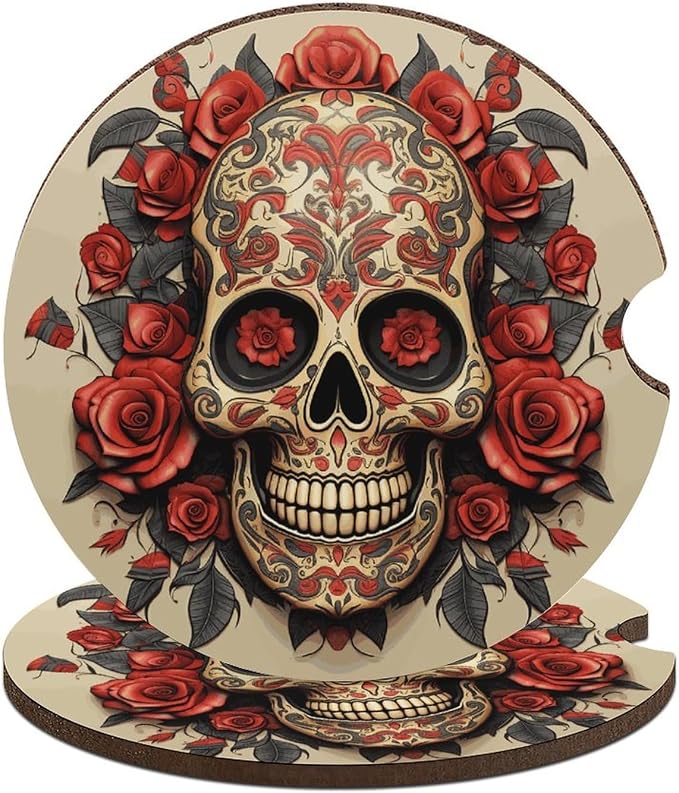 Red Rose Sugar Skull Car Coasters for Cup Holders Universal Car Cup Holder Coaster Cute Car Interior Accessories Wood Cup Holder Coasters for Car Anti Slip Cup Mat with A Finger Notch - skull coaster