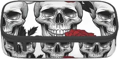 Gkyygk Halloween Skull Red Rose Large Capacity Pencil Case Pen Pouch With Multiple Compartments Stationary Storage Toiletry Bag Holder For Office Travel - skull suitcase
