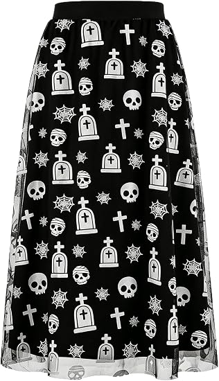 Women's Halloween Tulle Midi Skirt, Flocked Print Witch Costume Skirt - sugar skull dress