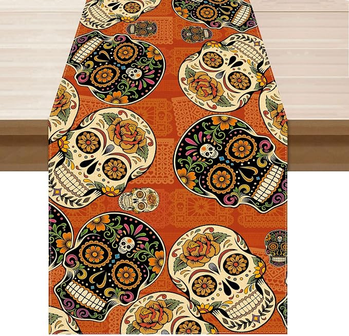 XCHI Day of The Dead Sugar Skull Table Runner for Table Decor 13×72 Inch