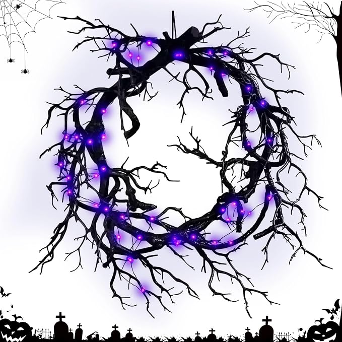 Halloween Wreath for Front Door, Halloween Lighted Black Branch Wreath - skull wreath
