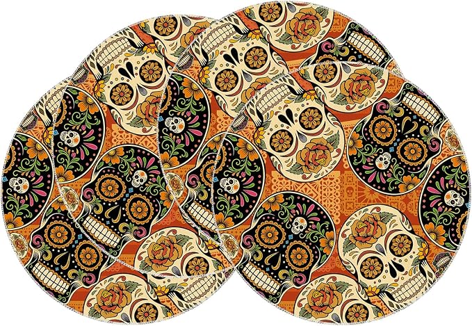 XCHI Day of The Dead Marigolds Round Placemats Set of 4 Table Decor 14x14In - skull floor mat