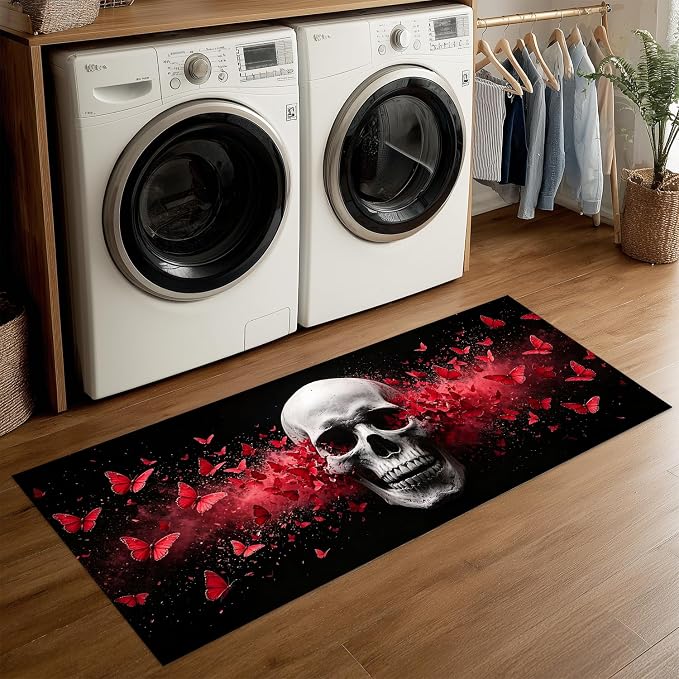 Red Butterfly Skull Runner Rug 20×47 inch Non-Slip Waterproof Halloween Laundry Room Rug Kitchen Runner Bathroom Mat with Festive Designs,Outdoor Indoor Entryway Floor Mat Home Decor